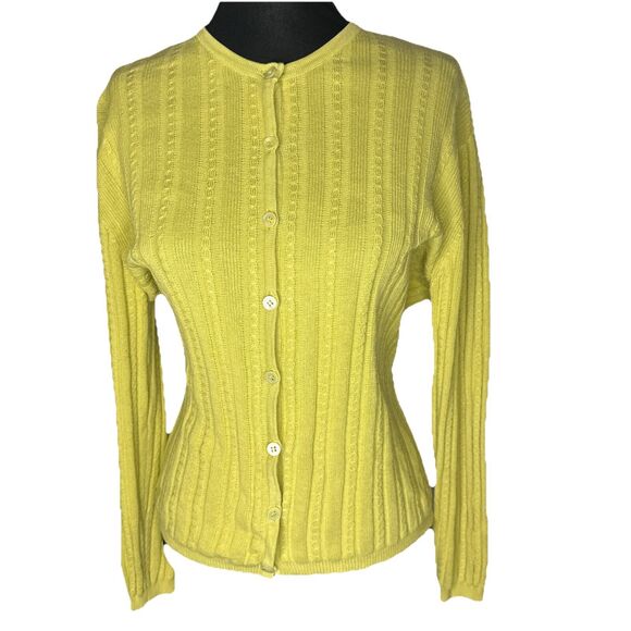 Vintage Belford Womans Yelllow Cable Knit Cardigan Sweater Medium Cotton Classic - Picture 2 of 8